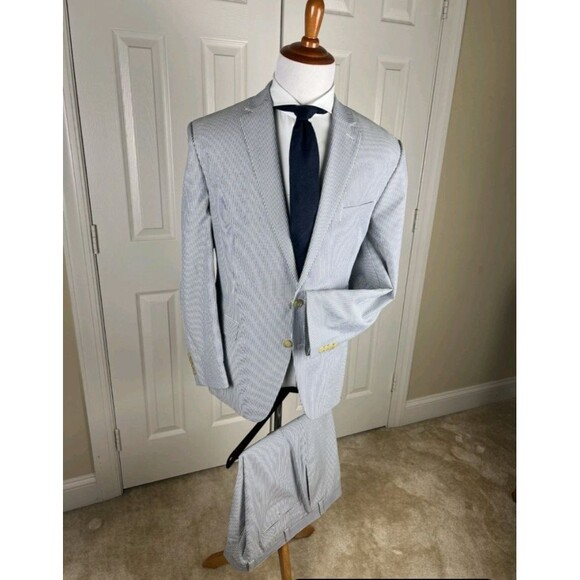 Ralph Lauren Seersucker Suit Blue Ivory Pinstripe 56L Blazer 50W 32L Pants Prep - Picture 1 of 16